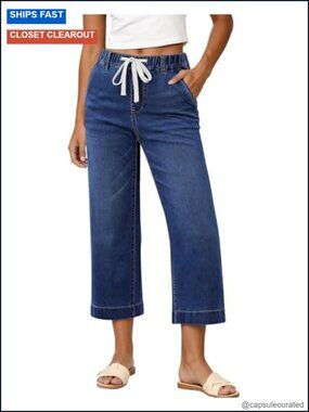 Wide Leg Capri Jeans High Waisted Pull On Stretch Denim
